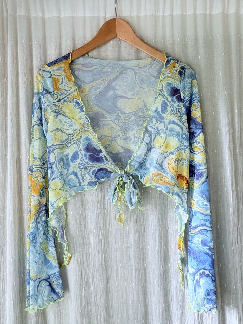 Wrap Tied Front Sheer Swirl Print Crop Top - Blue & Yellow